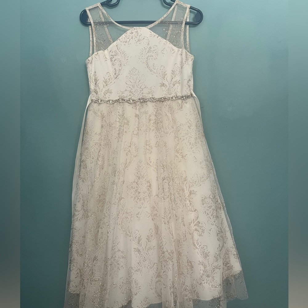 Gold and white formal little girl’s party dress